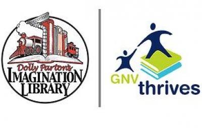 Dolly Parton Imagination Library Logo and Gainesvillle Thrives Logo