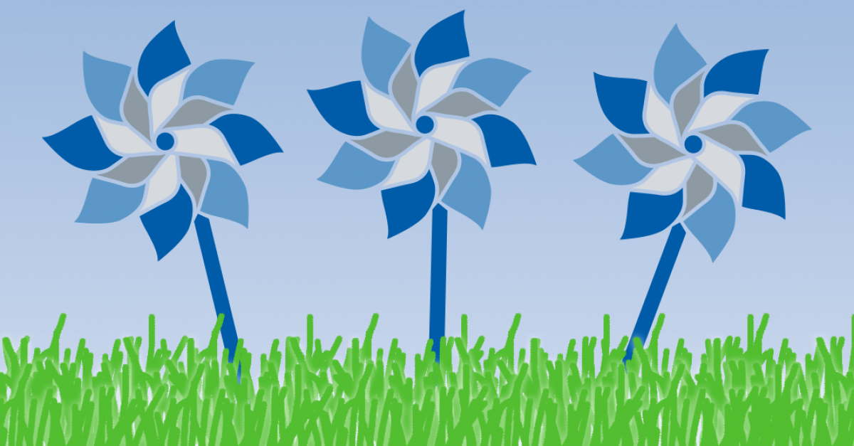 illustration of three blue pinwheels in grass