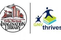 Dolly Parton Imagination Library Logo and Gainesvillle Thrives Logo